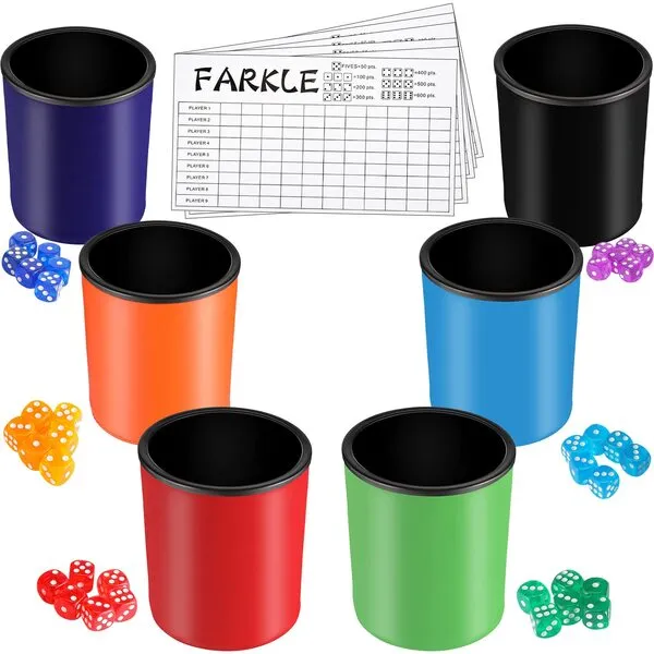 6 Pieces Dice Cup for Farkle Game Pu Leather Cup of Dice Dice Stacking Cup with 36 Pieces Colorful Dice 6 Pieces Farkle Scorecards Dice Set for Yahtzee Dice Games Family Party Supplies