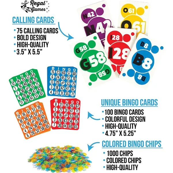 Regal Bingo Family Bingo Bundle Set with 100 Classic Bingo Cards, 75 Jumbo Calling Cards & Bingo Chips 1000 Pcs
