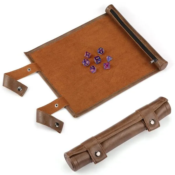 ROSELLE 2 in 1 Leather Dice Mat Dice Tray for DND Dice, Scroll Dice Tray and Rolling Mat with Zipper Holder, Compatible with DND D&D Dungeons & Dragons Game (Brown，Only Mat)