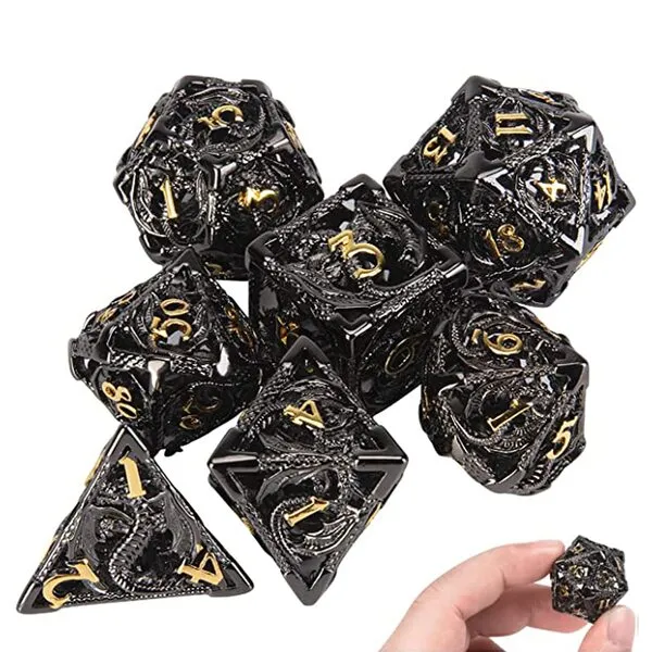 DND Dice,Hollow D&D Metal Dice,Dungeons and Dragons Dice Set with Gift Box,7 PCs Steampunk Polyhedral Dice Games Set for RPG,MTG,Pathfinder,Black Golden D and D Dice Set D20 D12 D10 D8 D6 D4 D%