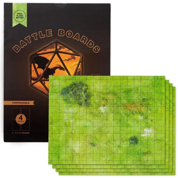 GSM Brands Battle Mat with Grid for Dungeons Role Playing Tabletop Dragons Game - 4 Pack Open Plains Setting Dry Erase Battle Boards, Non-Skid Back (17x13 Inches Each Makes 34x26 Board)