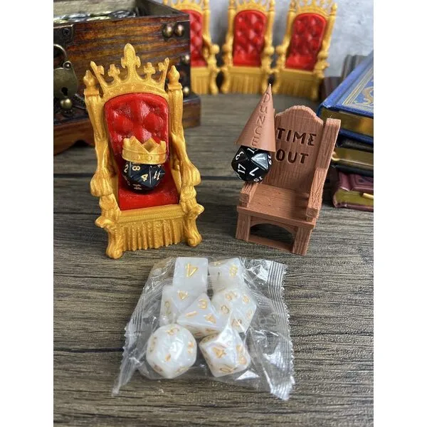 MunnyGrubbers - Dice Jail Cage - Time Out Chair & Dunce Hat - Chair of Shame - Crit Crown & Lucky Throne - (Random 7PC D20 Dice Set Included) - Gift for Dungeons and Dragons - DND - D&D - (Combo A)