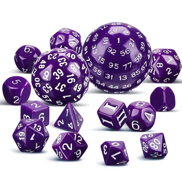 15 Pieces Complete Polyhedral D3-D100 Spherical RPG Dice Set in Opaque Black, 100 Sides Dice Set for Role Playing Table Games Party Supplies(Purple and White)