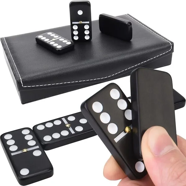 Dominos Set for Adults and Kids - Dominoes - Domino Classic Board Games, Christmas Games – Double Six Standard Dominos Set 28 Tiles with Black Leather Case - Juegos de Mesa (Black Leather Case)