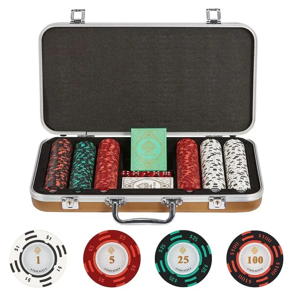FAKE ACES Poker Chip Set-300 Clay Poker Chips with Denominations 14g, 2 Decks of Cards, 5 Dice-Premium Poker Set for Texas Holdem Poker Sets with Case