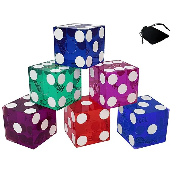 Bulk Lot of *6* Polished Dice from Las Vegas Casinos, Assorted Colors Blue Green Purple Red. Perfect for Poker, Farkle, Yahtzee, Dice Staking, Bunco, 5- or 6-Dice Games. Set Includes Storage Pouch.