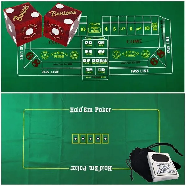 Cyber-Deals Craps & Texas Hold\'em Poker Essentials Set: Binion\'s Casino Table-Played Dice (Dark Red Polished), Las Vegas Strip Playing Cards, Storage Pouch Plus Reversible 6ft x 3ft Felt Layout, blue