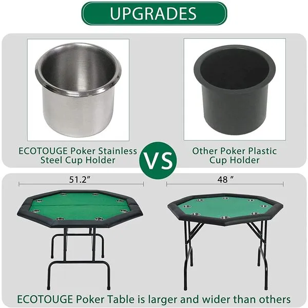 ECOTOUGE Poker Table Foldable, 8 Player Octagon Poker Table w/Metal Legs & Stainless Steel Cup Holder, Casino Leisure Texas Holdem Game Table for Blackjack, Club, Family Games