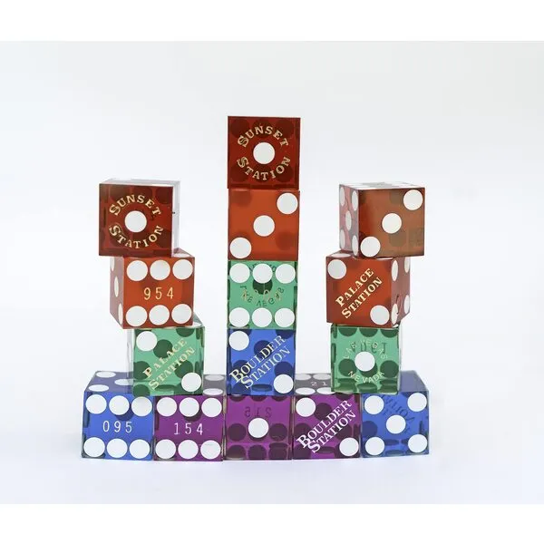 Genuine Las Vegas Casino Dice Set of 15-3 Each of Polished Red, Frosted Red, Green, Blue & Purple Dice Sets - Casino Marked Dice for Farkle, Dice Staking, or Bunco Dice Game- Great for Casino Night