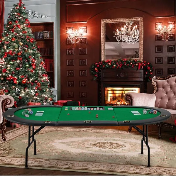 ECOTOUGE Poker Table with Stainless Steel Cup Holder, Oval Casino Leisure Table, Top Texas Hold'em Poker Table for 10 Player w/Leg, Green Felt