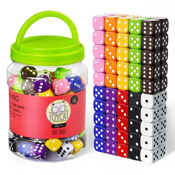 JoyCat 16mm 6 Sided Dice Set Standard Game Dice Kids for Board Games Dice Games Math Dice for Classroom with Storage Bucket 10 Colors (50, Opaque)
