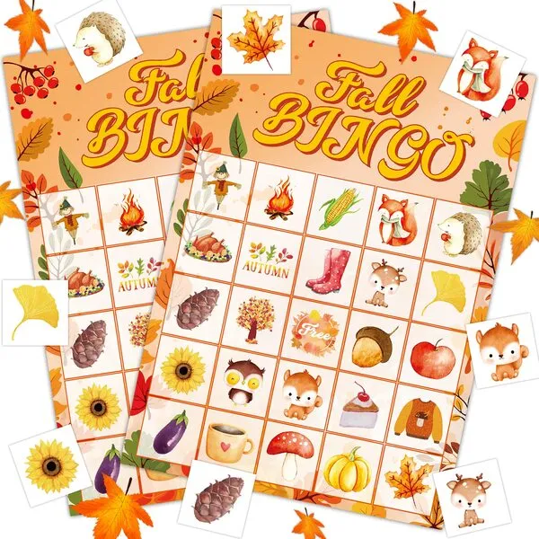 Joy Bang Fall Bingo Games for Kids Adults, Autumn Thanksgiving Bingo Cards for 24 Players, Fall Crafts for Kids, Fall Party Supplies Favors for Family School Classroom Activities
