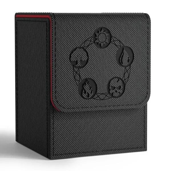 ZLCA Card Deck Box for Trading Cards with 2 Dividers, Card Storage Box Fits 100+ Single Sleeved Cards, PU Leather Strong Magnet Card Deck Case Holder for Magic Commander TCG CCG (Black&Red)