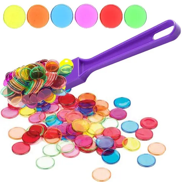 TCOINERY Bingo Chips Set-Magnetic Wand & 100 Counting Chips-6 Colors Transparent Plastic Markers for Family School Learning Game Zoom Bingo and Pokeno Nights