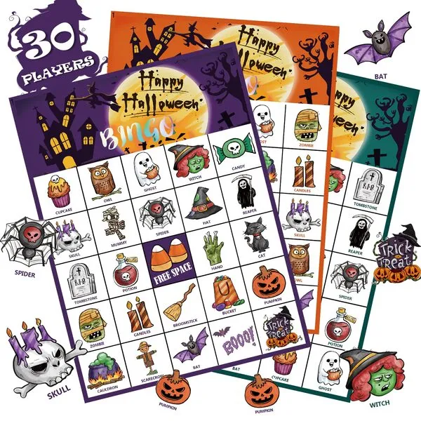VESPRO 46PCS Halloween Bingo Game Cards for 30 Players Halloween Party Games for Kids Party Classroom Activities