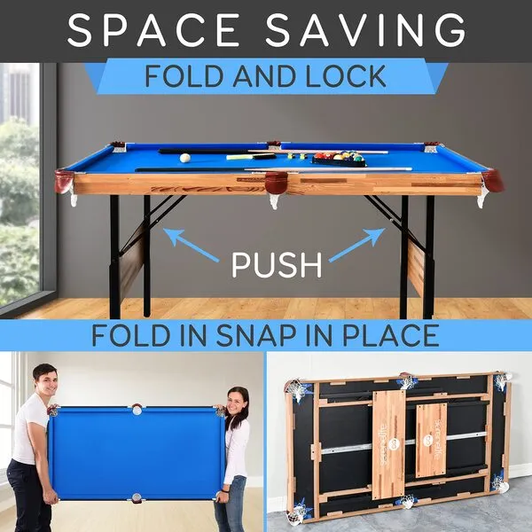 SereneLife 4.5ft Folding Pool Table, 54in Portable Foldable Billiards Game Table for Kids and Adults with Accessories, Indoor and Outdoor Games with Sticks, Cue, Balls and Triangle, Blue