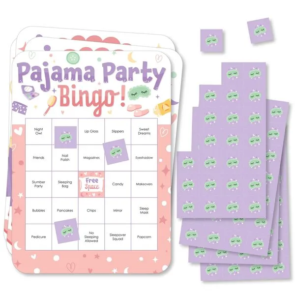 Big Dot of Happiness Pajama Slumber Party - Bingo Cards and Markers - Girls Sleepover Birthday Party Bingo Game - Sleepover Games - Girls Party Games -Set of 18