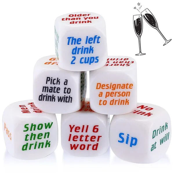 Hanaive 6 Pcs Party Drinking Bar Dice Game Resha Roulette Drinking Games Bachelorette Party Game for Adults White Elephant Gift Wedding Graduation Birthday (Basic Dice, White)