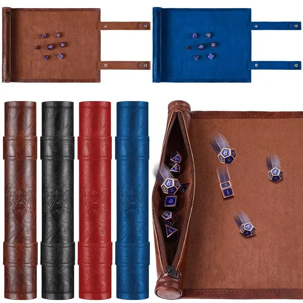 Sadnyy 4 Pcs Dice Mat Dice Tray Rolling Mat with Zipper PU Leather Folding Scroll Dice Bag Polyhedral Dice Storage for Dice Table Christmas Game Accessories, Black Red Blue Brown