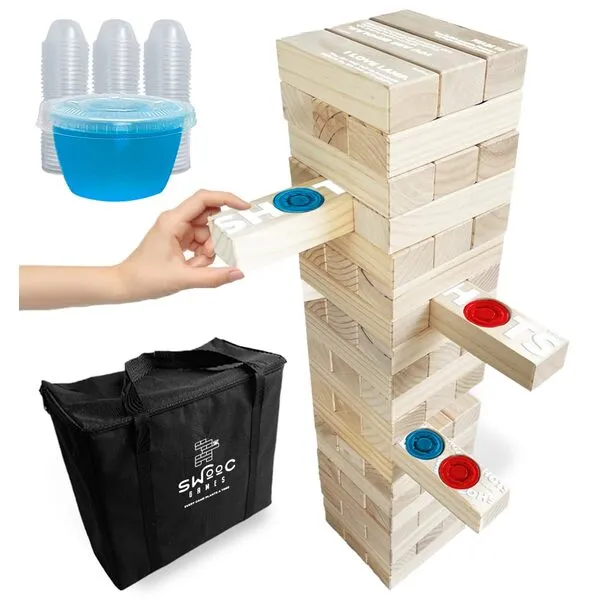 SWOOC Games - Giant Tower Party Game with Hidden Jello Shots - Includes Disposable Cups, Lids & Carrying Case - Stacks up to 5ft - Tipsy Topple Game for Adults - Giant Outdoor Games - Jumbo Bar Games