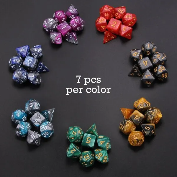 BABEJIA 49 Pieces DND Dice Set, 7 Sets Polyester D&D Dice with 7 Pouches for Dungeons & Dragons, D&D Dice with Bags for RPG DND MTG D4/ D6/ D8/ D10 (0-9 and 00-90)/ D12/ D20