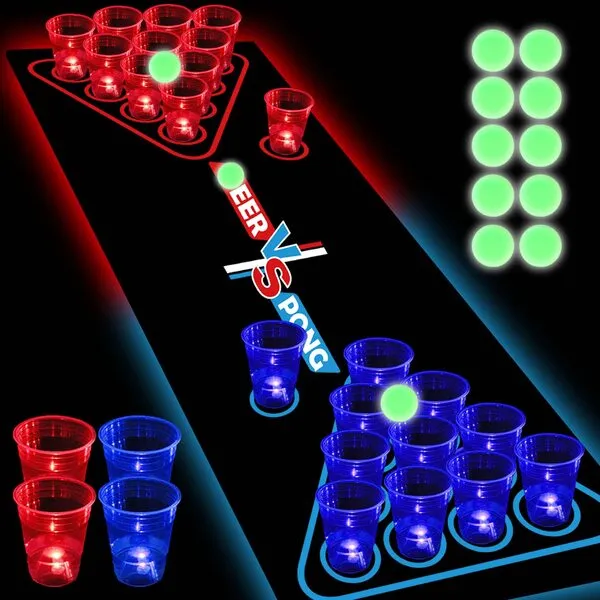HIOHWEFH 71 * 23inch Glow Beer Pong Table Mat Set, Glowing Portable Pong Set for Party Games, Glow in The Dark Party Festivals Indoor Outdoor, 32 Glowing Party Cups(Red&Blue), 12 Glowing Pongs