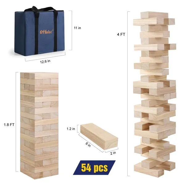 Offelec Large Tumble Tower Game, Giant Wooden Blocks Lawn Yard Games 1.8 FT Tall Grows to 3.6 FT with Carry Case Outdoor Timber Stacking Game Night Toy Gift for Kids Adults Family 6'x2'x1.2'x54pcs