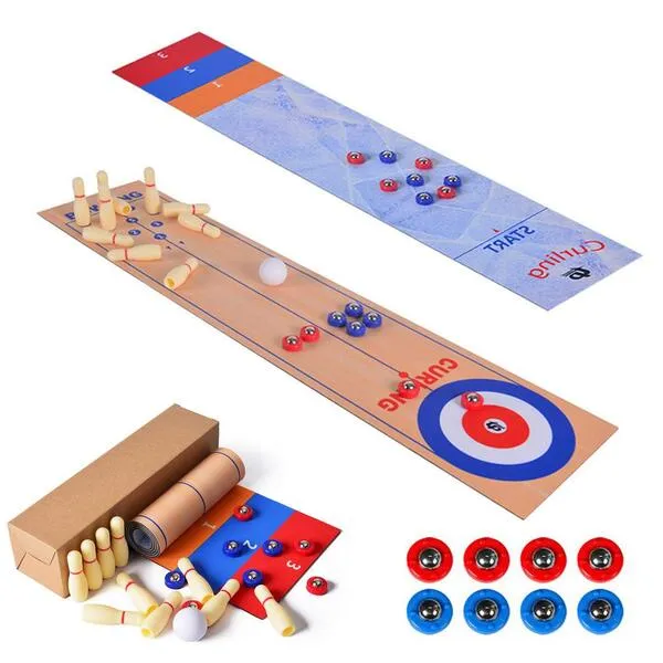 GUANGLU 3 in 1 Table Shuffleboard - Mini Curling and Bowling Set, Portable and Foldable Family Game for Adults and Kids Indoors and Outdoors