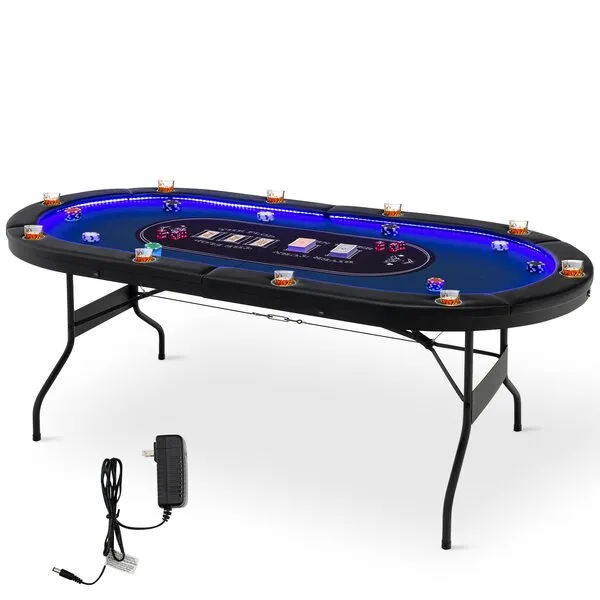 Giantex 10 Players Poker Table with Cup Holder, Folding Casino Leisure Table with 4 USB Ports, Extra Lights, Easy to Assemble, Foldable Game Poker Tables for Texas, Card Games, Blue
