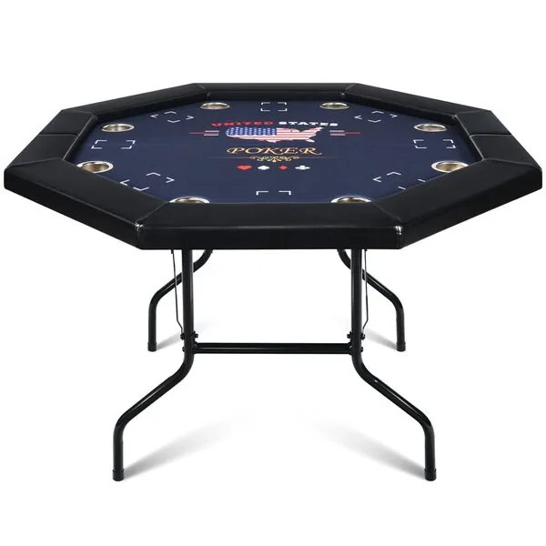 RayChee Poker Table Foldable, 8 Player Octagonal Folding Portable Texas Holdem Table with Water-Resistant Cushioned Rail, 8 Stainless Steel Cup Holders, Casino-Grade Felt Surface (48inch, Black)