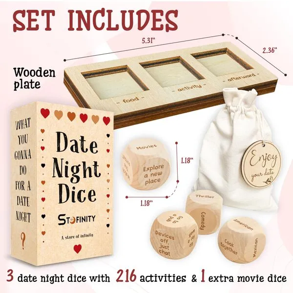 STOFINITY Date Night Dice Game for Couples - Food Decision Dice Date Night Game Board, Wooden Dinner Dice for Adults, Couples Dice Anniversary Wood Gifts for Her Him, Couples Games Date Ideas Set