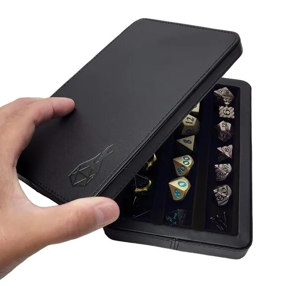 Forged Dice Co. Premium 3-Row Dice Case - Combination Dice Box and Dice Tray - Protects Polyhedral Dice Sets - Felt-Lined Storage Rows - Magnetic Lid Closure - Perfect Metal Dice Storage Box - Black