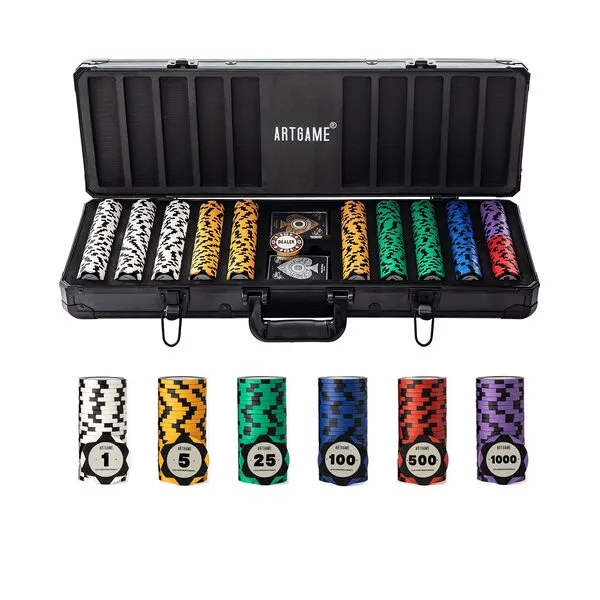 ARTGAME 14 Gram Clay Poker Chip Set for Texas Hold’em, 500 Pcs Casino Style Chips, with K-Type Aluminum Case and Dealer Buttons.