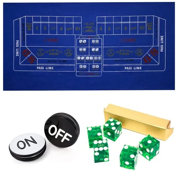 GSE Games & Sports Expert Casino Craps Table Top Game Set. Including A Craps Layout Felt, 5 Casino Dice and A Craps ON/Off Poker Button for Craps Games, Casino Games