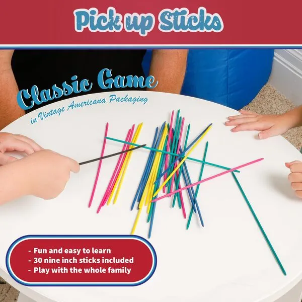 Way Back Toys Pick Up Sticks, 30 colorful wooden sticks and easy to carry container, game of steady hands and skill, novelty family fun game for ages 5 and up