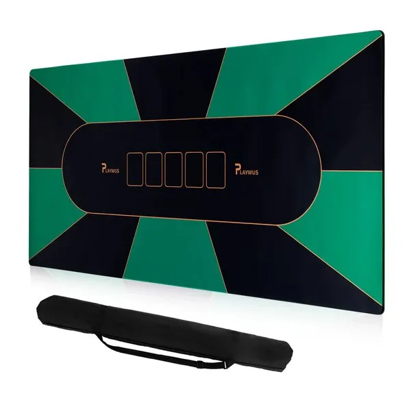 PLAYWUS 70 x 35 Inch Poker Mat, 8-Player Foldable Poker Table Top with Storage Bag, Non-slip Rubber Texas Hold\'em Poker Mat for Table for Blackjack, Casino, Gambling Games (Green)