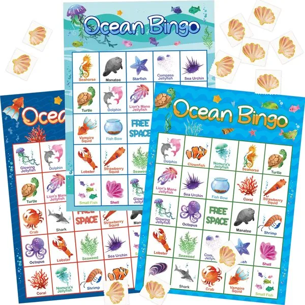 Ocean Bingo Game 24 Players for Kids Under Sea Party Game Supplies