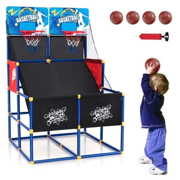 GYMAX Basketball Arcade Game Indoor, Double Shot Basketball Hoop Indoor with 4 Balls & Hand Pump, Mini Basketball Hoop for Kids Toddlers, Basketball Game Toys for Girls Boys