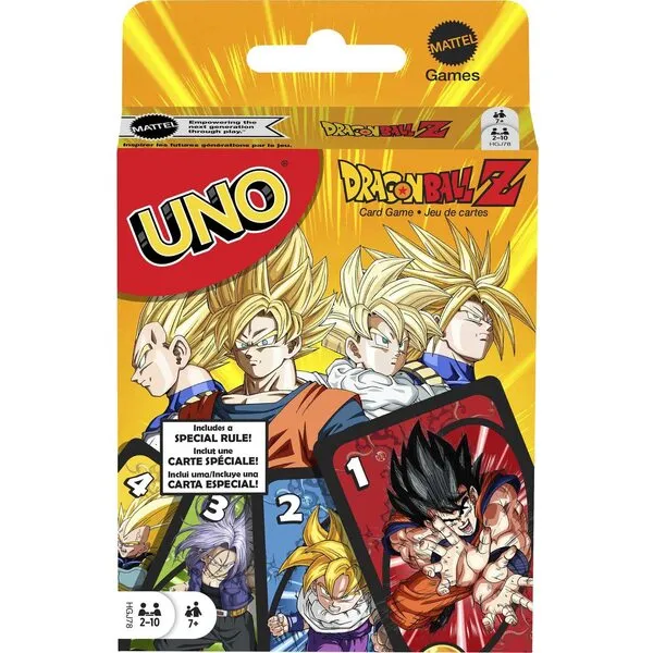 Mattel Games UNO Dragon Ball Z Card Game for Family Night Featuring TV Show Themed Graphics and a Special Rule for 2-10 Players