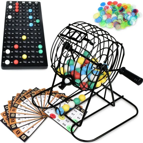 Queensell Bingo Game for Adults and Kids– Family Bingo Game Set with Bingo Cards, 150 Bingo Chips and Metal Bingo Cage – Perfect Board Game for Large Groups (Bingo)