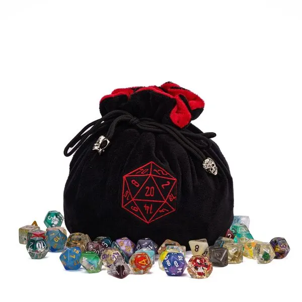 KSNDie Large Dice Bags with Pockets Black Storage Bag D20 Logo for DND RPG MTG Game Dices (with 1lb Random DND Dice)