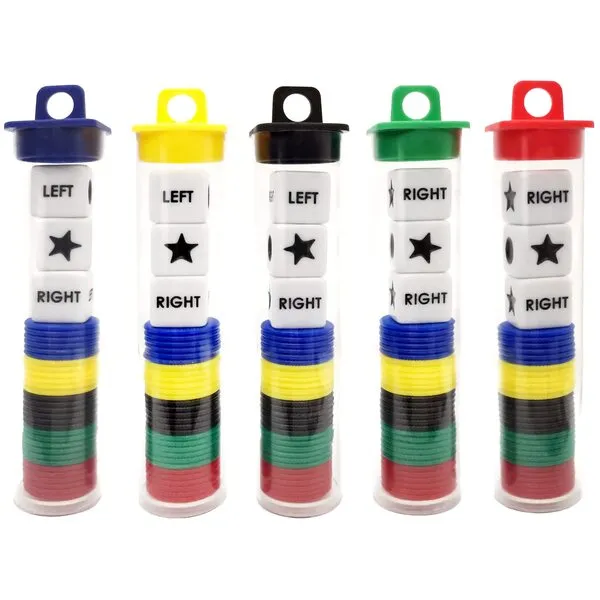 Left Right Center Dice Game Prime Set Bundle with 3 Dices + 30 Chips - (5 Pack). Round Tube Storage is Very Convenient for Travel. Easy to Store, Carry Around.