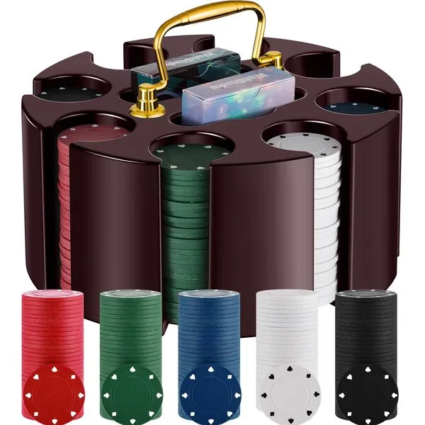Wettarn Poker Chips Poker Set, 200 Count Rotating Poker Chip Case Wood Carousel Case Holder with 200 Pcs Chips and 2 Decks of Playing Cards for Casino Party Supplies Family Game Gambling Accessory