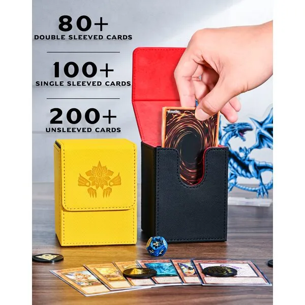 UAONO Card Deck Box for Yugioh MTG Cards, 100+ Deck Case with 2 Dividers Fits TCG CCG, PU Leather Card Storage Box Compatible with Collectible Trading Cards (Black&Red, Sky Dragon)