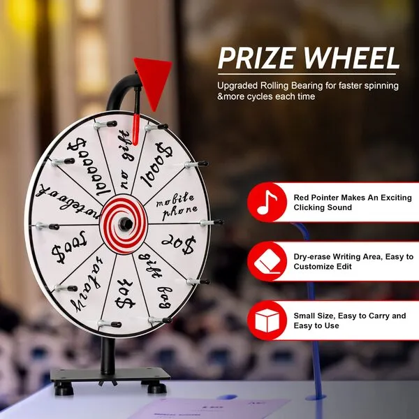 abitcha 12 inch Spinning Prize Wheel - 10 Slots White Tabletop Spinner - Heavy Duty Base Roulette Wheel for Carnival, Trade Show, Win Fortune Spin Games