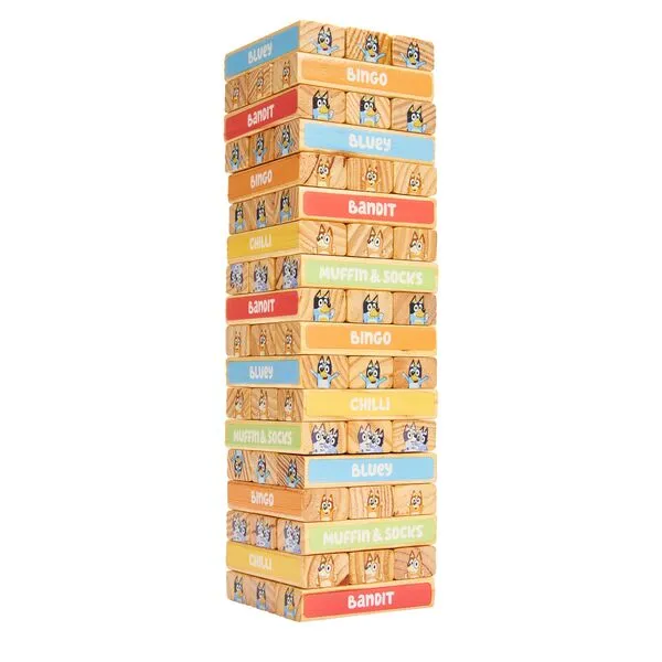 BLUEY Tumbling Tower – 54 Colorful Wooden Blocks – Fun Family Game – FSC Certified for Children 3 Years and Up