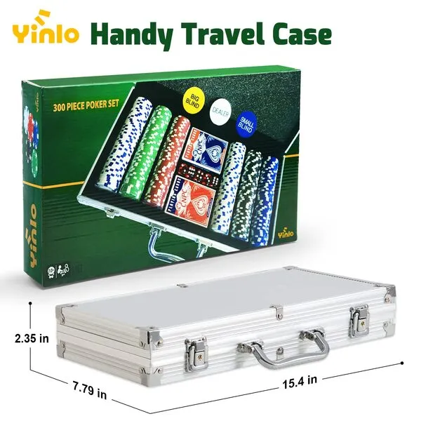 Yinlo Poker Chip Set - 300PCS Poker Chips with Aluminum Case, 11.5 Gram Casino Chips for Texas Holdem Blackjack Gambling, Poker Set with Travelling Case