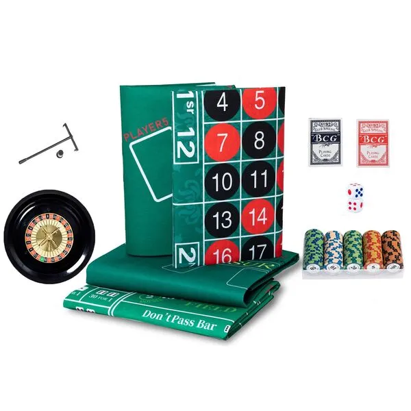 Harfirbe Casino Game 4-in-1 Set with Roulette Wheel Set, 100 Chips, 2 Dices, 2 Pairs of Poker and Dices, Texas Poker Blackjack Double Sided Felt Game Table Mat