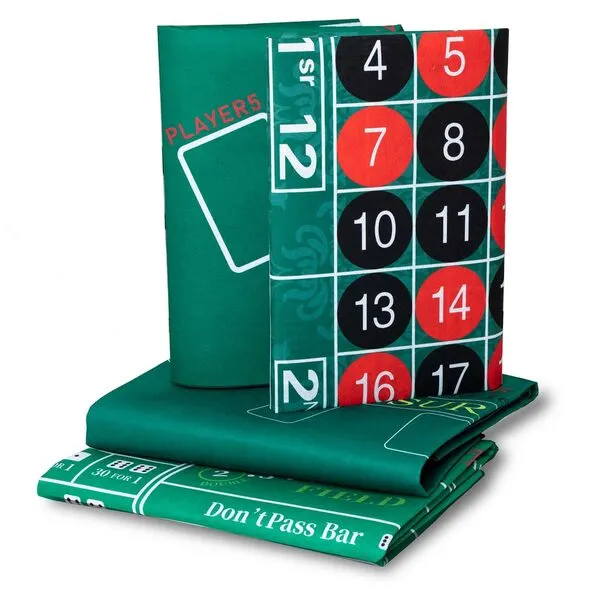 Harfirbe Casino Game 4 in 1 Set, Dice, Roulette Wheel, Texas Poker Double Sided Green Felt Game Table Mat72 x 36