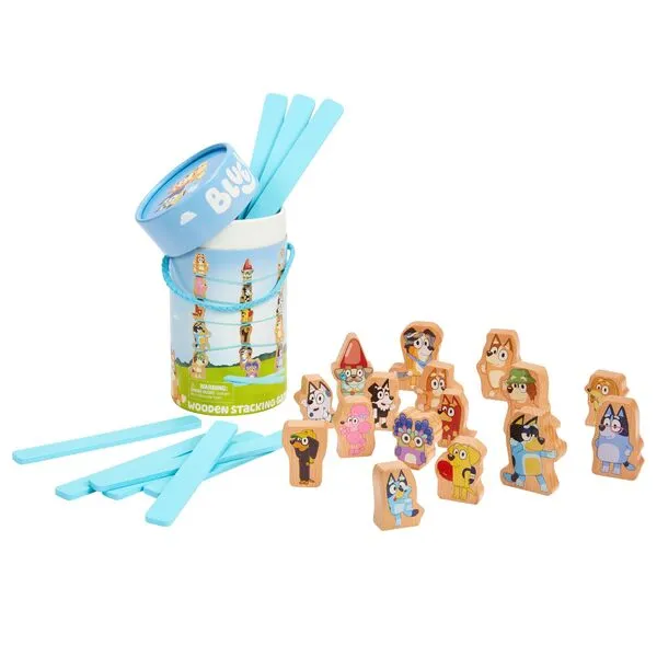 BLUEY – Wooden Stacking Game – 25 Build and Balance Pieces with Characters and Sticks in a Storage Tube – FSC Certified for Children 3 Years and Up